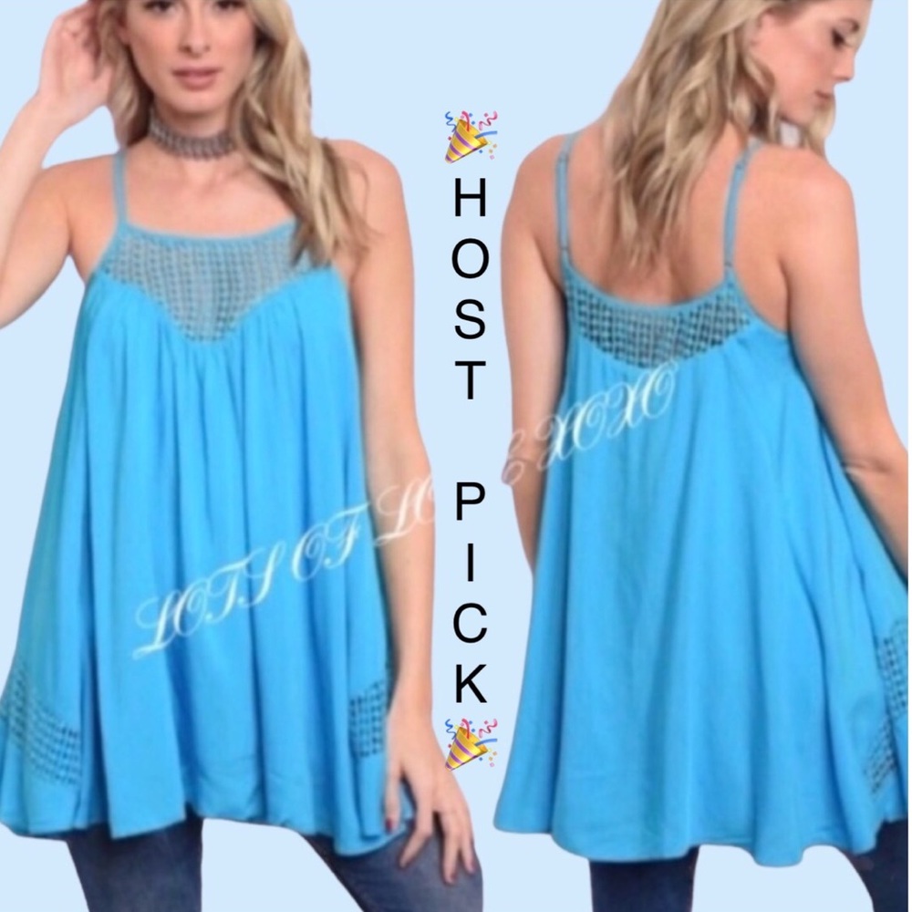 ❌DONATED❌Turquoise Blue Oversized Lined Crochet Design Tunic Tank Top - Picture 1 of 10